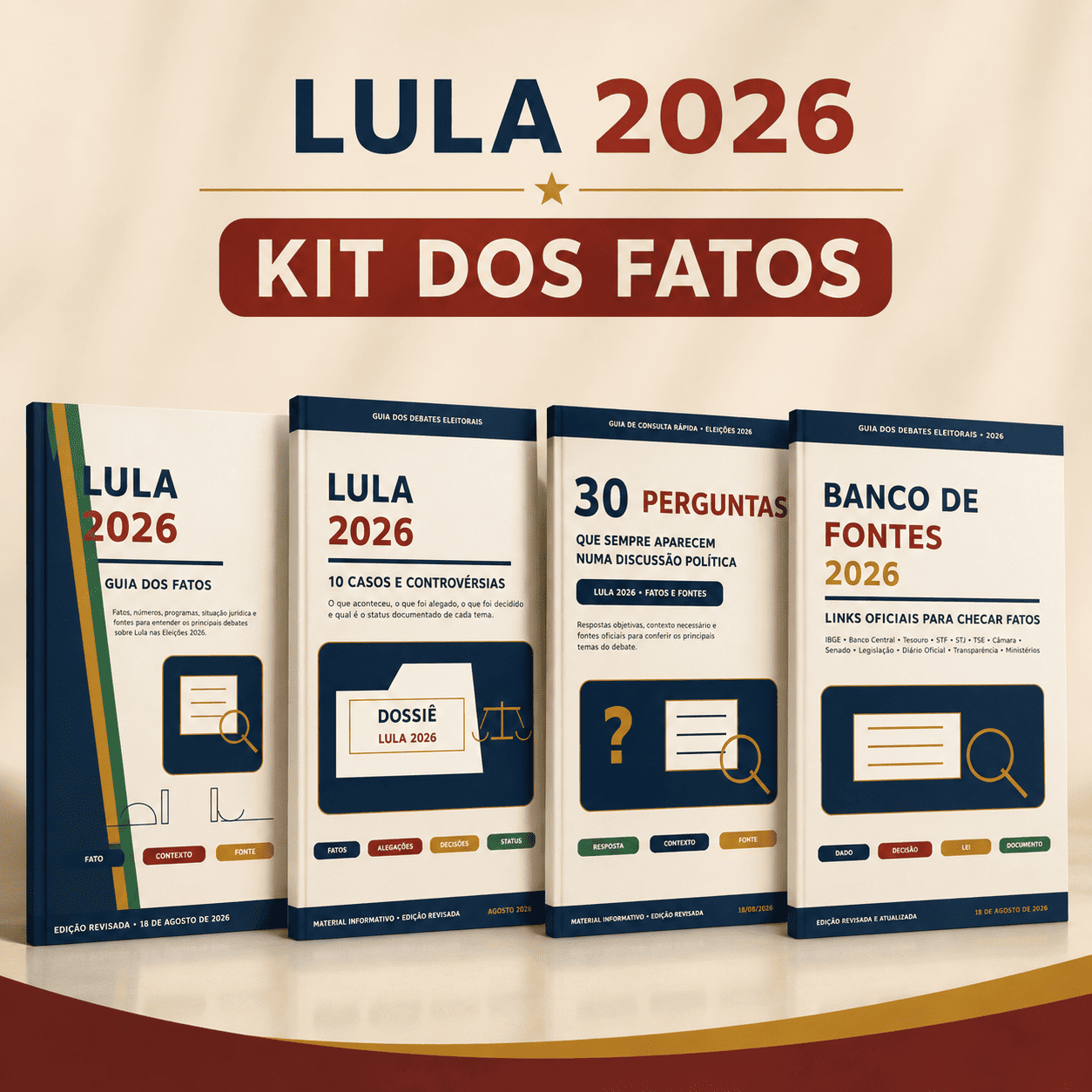 Mockup dos materiais do Kit dos Fatos Lula 2026