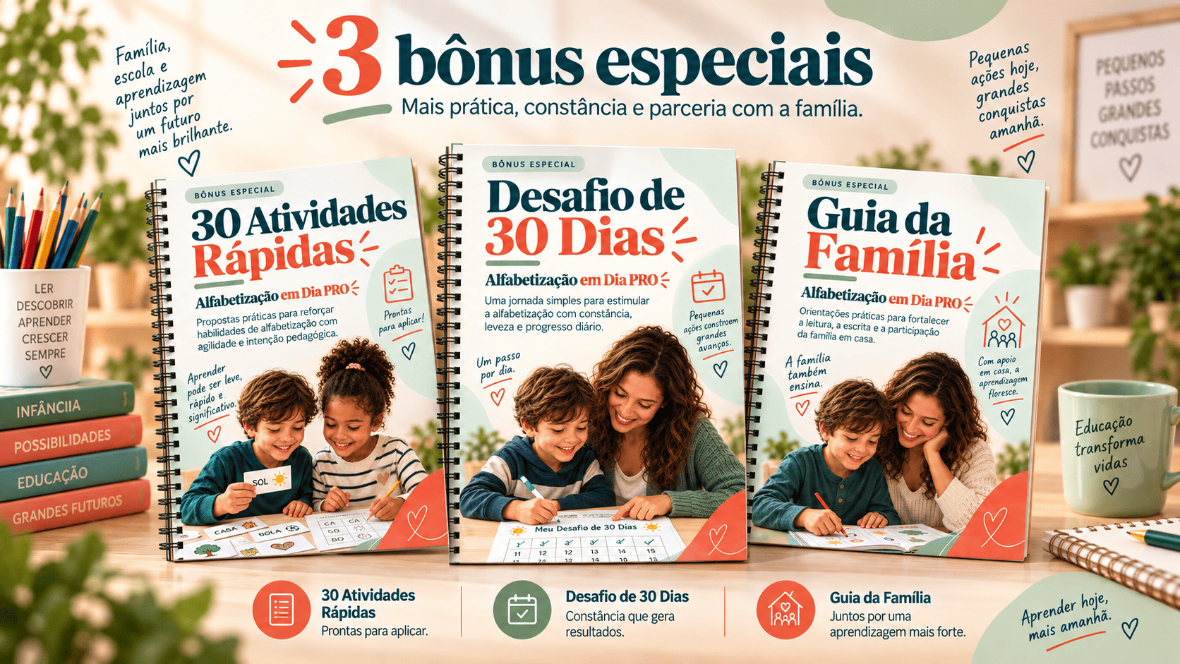Composição dos três bônus do Alfabetização PRO