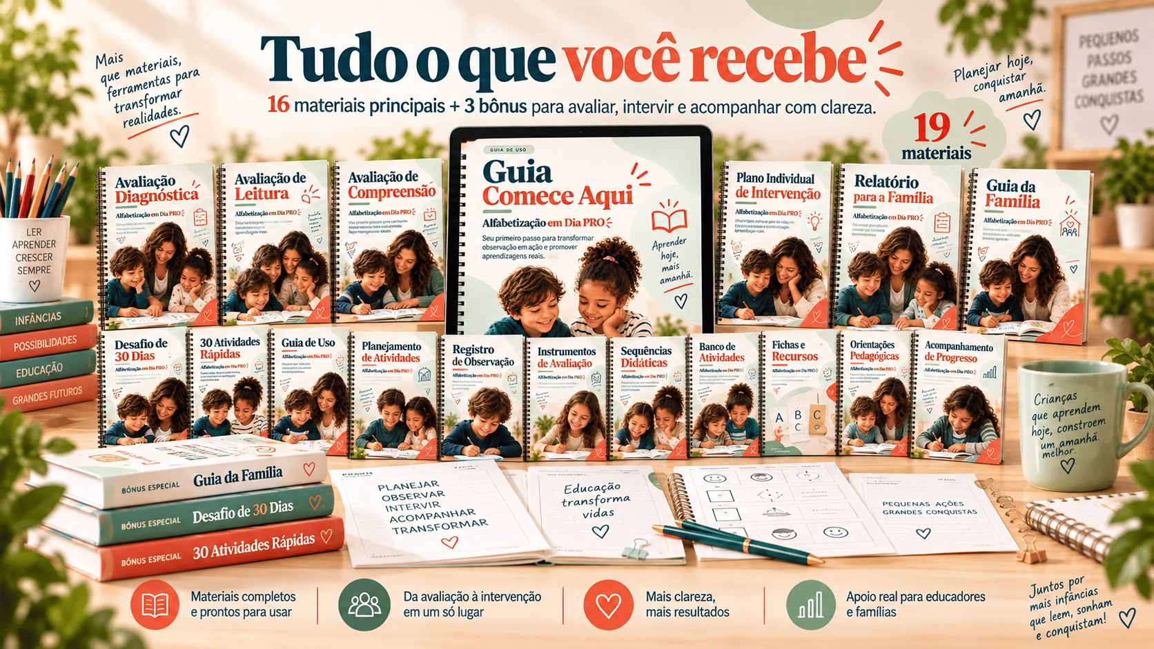 Composição visual com os materiais do Alfabetização PRO